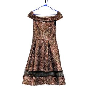 Pink Black Sequin Off the Shoulder Brocade Formal Dress S